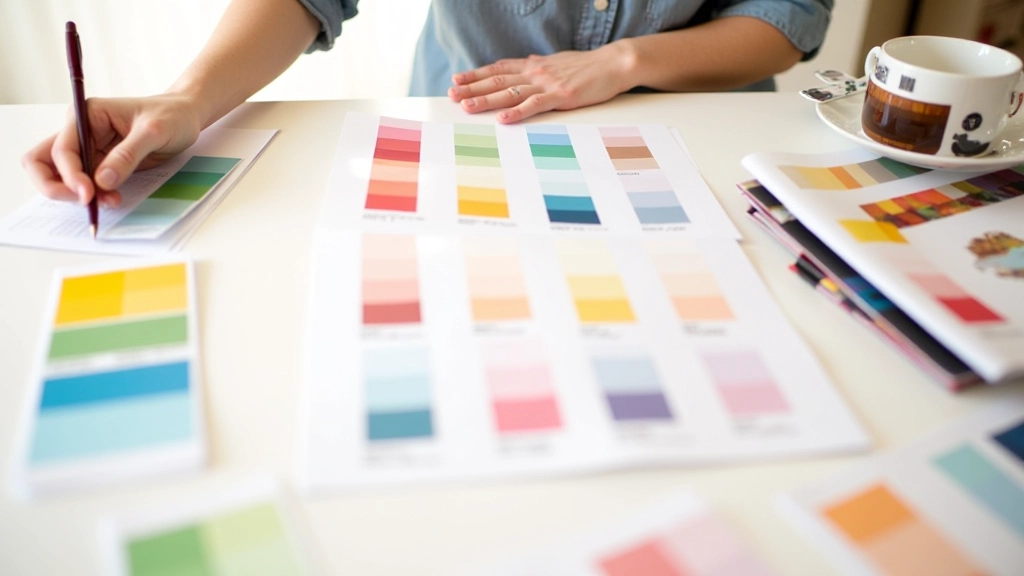 Palette de couleurs étalée sur une table avec des échantillons papier, guide Pantone et notes de documentation à côté