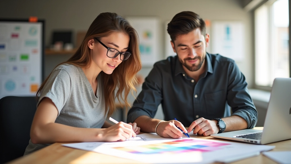 Équipe de designers réunies autour d'un ordinateur examinant un guide de couleurs imprimé, studio de design lumineux