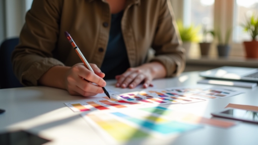 Designer travaillant avec une palette de couleurs sur écran, échantillons de teintes à côté