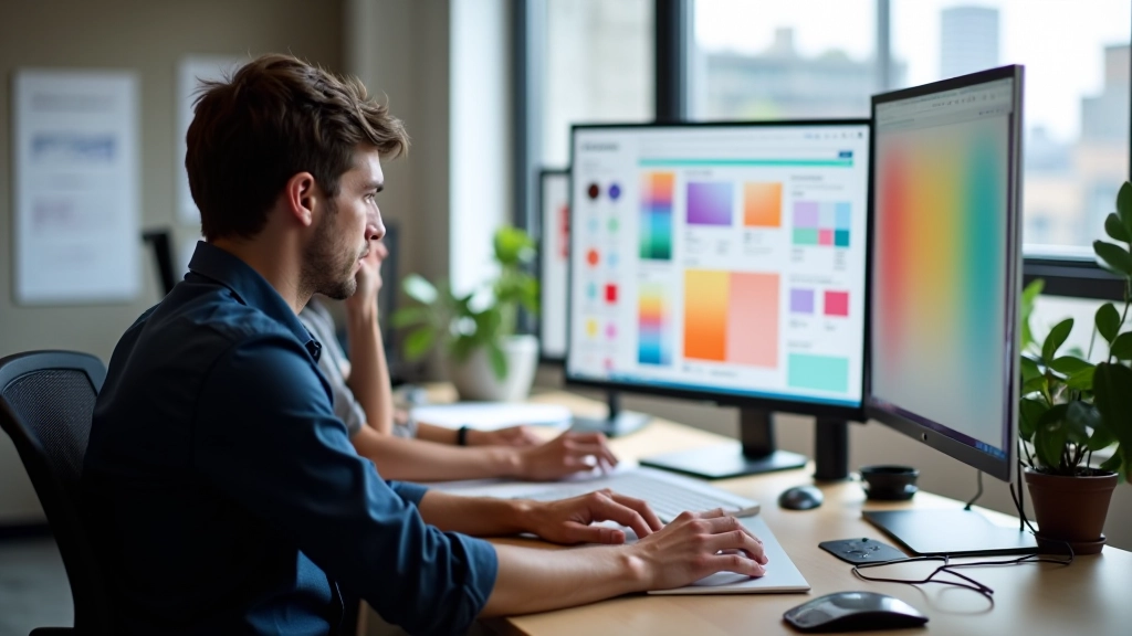 Designers travaillant avec des palettes de couleurs, écrans multiples affichant des systèmes de design, environnement de travail créatif moderne